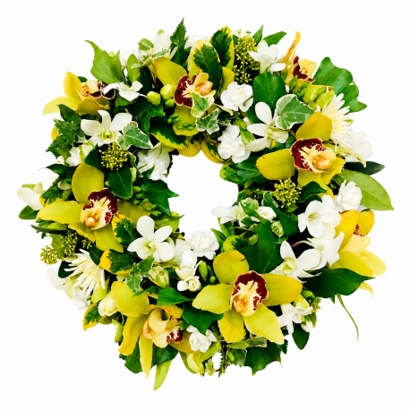 Yellow Orchid & White Flower Wreath - Same Day Flower Delivery in Birmingham by Buttercups & Daisies