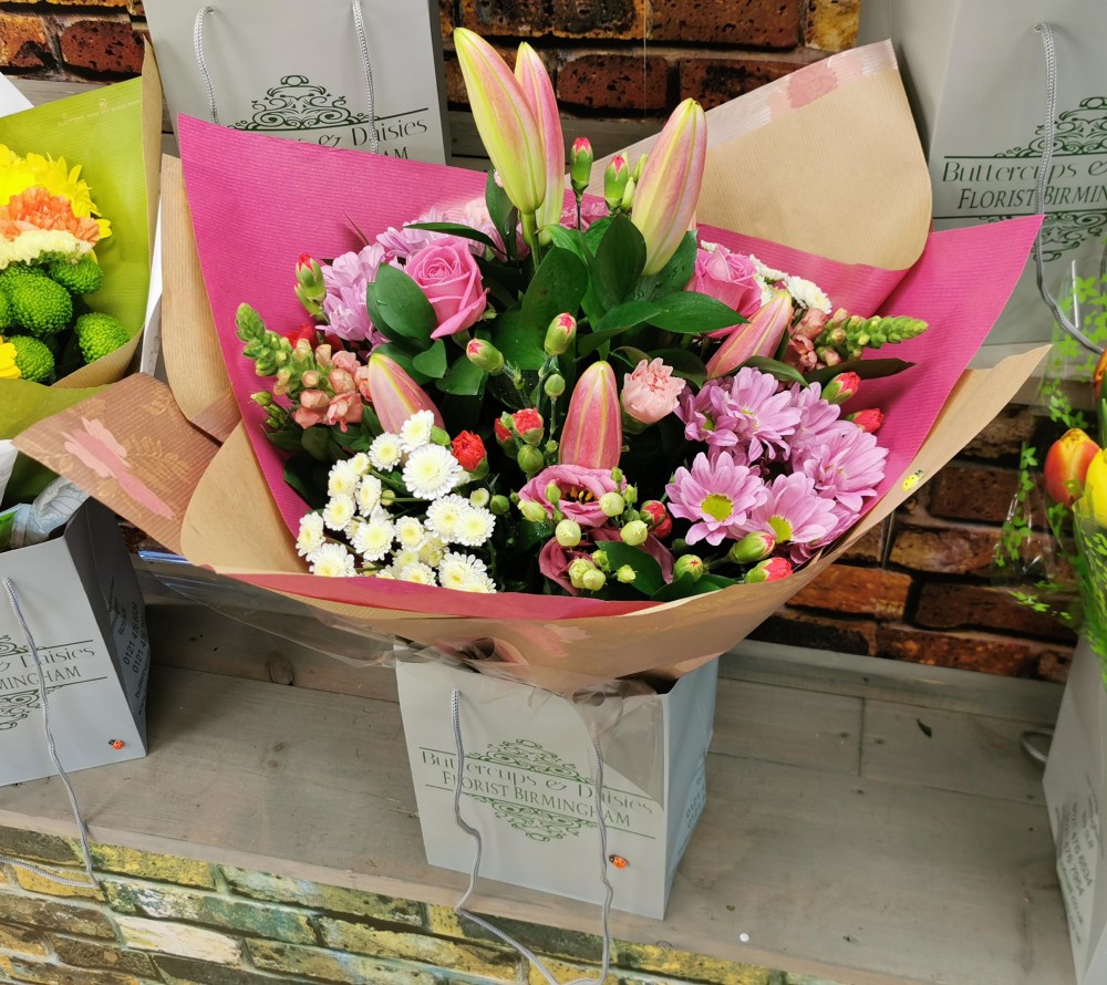 Pink Hand-Tied Bouquet - Same Day Flower Delivery in Birmingham by Buttercups & Daisies